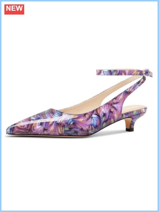 Shoes - Womens Low Kitten Heel Pointed Toe Slingback Ankle Strap Faux Leather Pumps